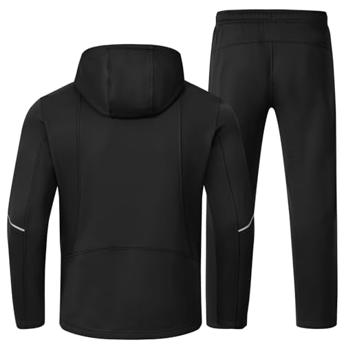 Men's Fleece Lined Tracksuit Set with Zipper Pockets - Black, Medium