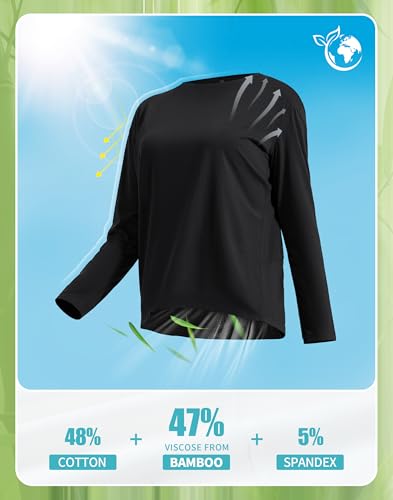 Women's Bamboo Viscose Long Sleeve Workout Shirt - Black, Large, Loose Fit Yoga Top