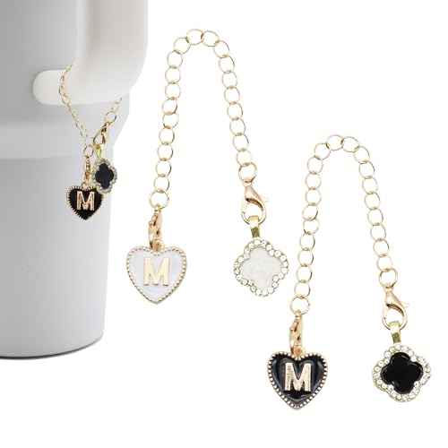 2Pcs Letter Charm Accessories for Stanley Cup,Name ID Initial Letter for Stanley 30&40 oz Tumbler with Handle,Heart Shape & Four Leaf Clover Initial Personalized Letter Charms Chain