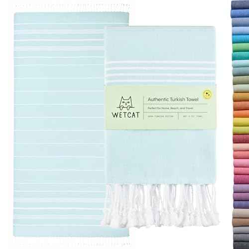 WETCAT Turkish Beach Towel Oversized (38"x71") 100% Turkish Cotton, Made in Turkey - Sand Free, Extra Large, Ultra Soft, Quick Drying, Compact & Lightweight for Travel - Aqua