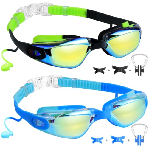 Kids Swim Goggles with Earplugs & Nose Clip - Green & Black, Age 3-15