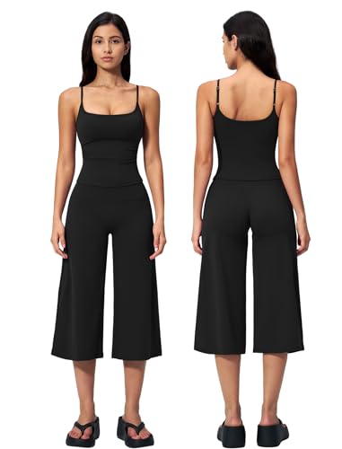Women's Workout Set Spaghetti Strap Crop Top & Wide Leg Capri Pants - Medium Black