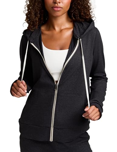 Women's Full Zip Athletic Hoodie with Thumbholes - Relaxed Fit Workout Sweatshirt, X-Large, Black Heather
