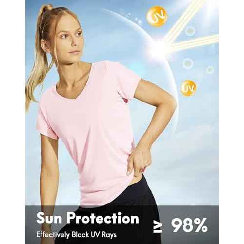 Haimont Women's Quick Dry Short Sleeve T-Shirts V-Neck UPF 50+ Tops Workout Athletic Fitness Running, Moisture Wicking