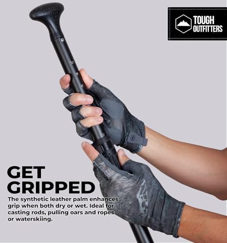 Tough Outdoors UV Fingerless Fishing Gloves Black Large-XLarge - UV Sun Protection, Reinforced Grip for Kayaking & Rowing