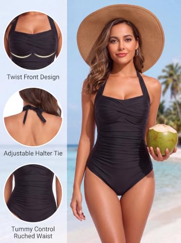 Women’s Tummy Control Halter One-Piece Swimsuit - Vintage Bathing Suit, Large / Black