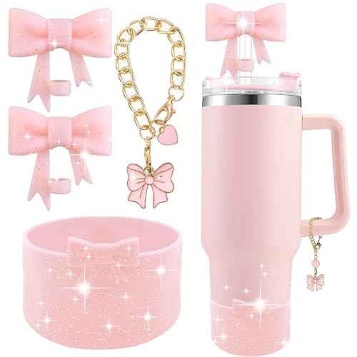 Cup Accessories Set for Stanley,Including 2Pcs Cute Glitter Bow Straw Cover Caps 10mm Reusable Straw Toppers,1Pcs Silicone Boot Sleeve and 1Pcs Handle Charm for Stanley Tumbler 30&40oz,Glitter Pink