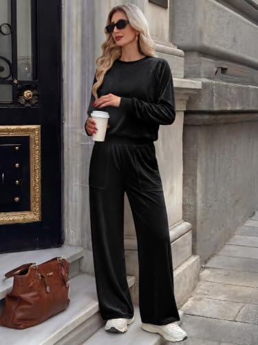 Women's Velour Lounge Sets 2 Piece Tracksuit - Large Black