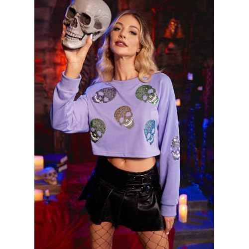 For G and PL Women Halloween Graphic Sequin Cropped Sweatshirt Long Sleeve Cute Funny Pullover Top XS-L