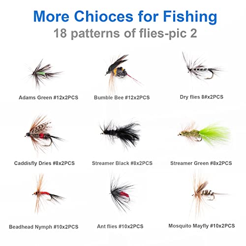 Fly Fishing Flies Kit - Assorted Dry, Wet, Nymphs & Streamers with Waterproof Box - Various