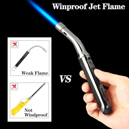 Yeuligo Long Torch Lighter with Visible Window & Adjustable Flame - Dark Gray, 7.6in Refillable Gas Lighter for Kitchen Fireplace Camping Grill BBQ
