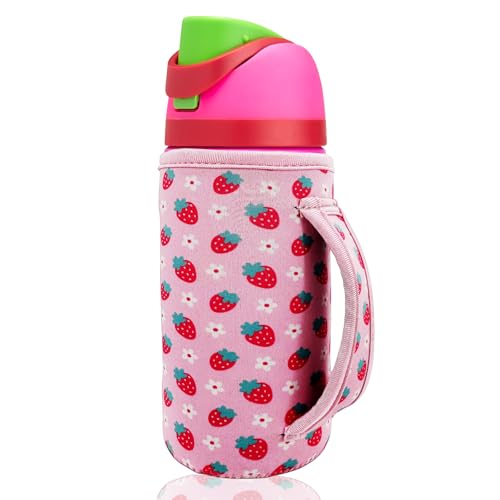 16 oz Kids Water Bottle Sleeve - Strawberry Neoprene Cover with Handle - Compatible with Owala FreeSip for Boys & Girls