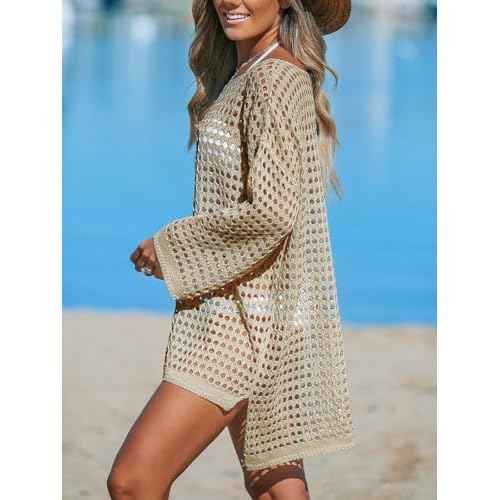 CUPSHE Women's Crochet Cover Up Cutout Drop Shoulder Long Sleeves Pullover Beachwear Bathing Suit 2025