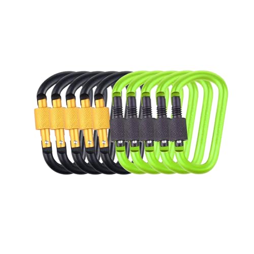 10 Pack Aluminum D Ring Key Rings Locking Carabiners for Hiking Camping Fishing - Black, Gold & Green