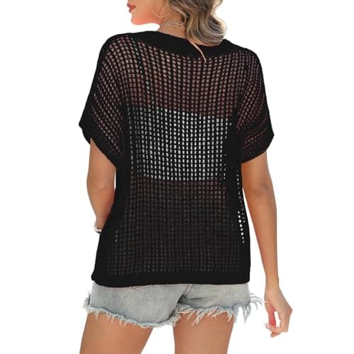Swimsuit Coverup for Women Beach Vacation Clothes Spring Summer Scoop Neck Short Sleeve Sweaters Casual Crochet Knit Tops