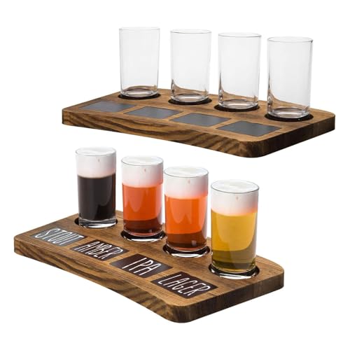 Brown Wood Beer Flight Set with 4 Glasses and Chalkboard Labels - 2 Pack