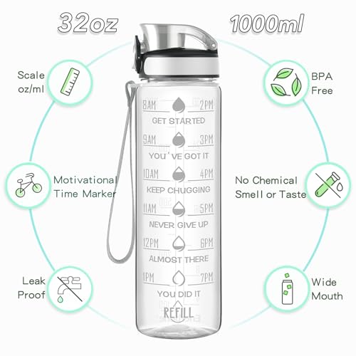 Enerbone Crystal Water Bottle 32oz Leakproof BPA Free Motivational Sports Flask with Straw