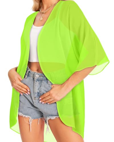 Women Kimono Cardigans Summer Cover Up Floral Print Tops Large Neon Green