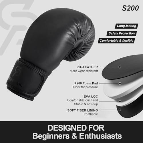 Boxing Gloves for Men & Women 8-16oz, Beginner Kickboxing, Black, 10oz