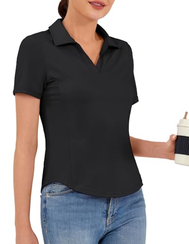 Women's Golf Polo Shirt V Neck Short Sleeve Sun Protection Moisture Wicking Athletic Top