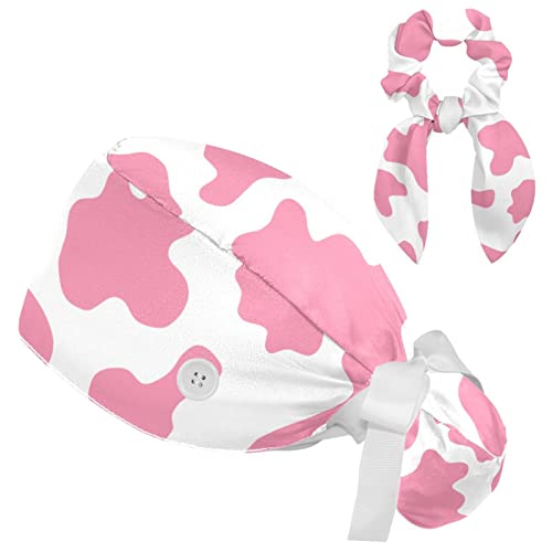 Work Caps Bouffant Surgical Cap with Hair Tie Cow Skin Print Pink Ponytail Holder Tie Back Scrub Hat