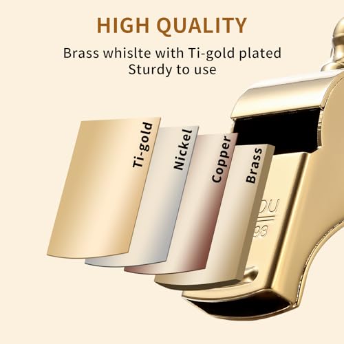 Golden Metal Whistle with Lanyard for Coaches Police - Large 130+dB Brass Ti-Gold Plated