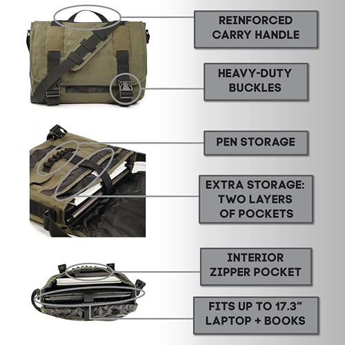 Large Olive Drab Canvas Messenger Bag with Laptop Compartment - Fits 17" Laptops