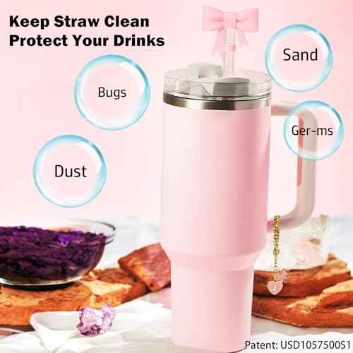 Pink Bow for Stanley Straw Topper- 3pcs Cute Cup Bow Straw Cover Silicone Cap 10mm with 2pcs Initial Letter Charms Name Id Personalized Accessories 40/30 Oz Tumbler Water Bottle Cups J
