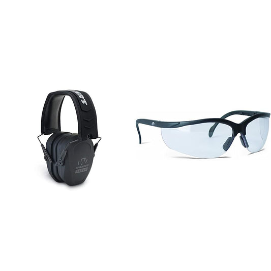 Walker's Razor Slim Passive Earmuff - Ultra Low-Profile Earcups - Black & Sport High-Grade Polycarbonate Lenses Half Frame Soft Rubber Nose Piece Adjustable Safety Shooting Glasses, Clear
