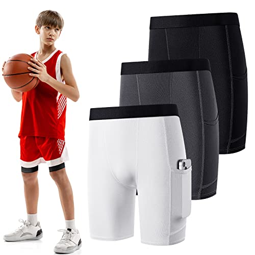 Kids Compression Shorts with Pockets - Large Black White Gray 3 Pack