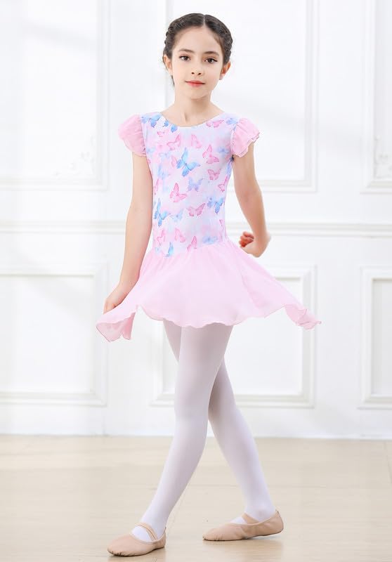 Toddler Ballet Leotard with Skirt - Pink Butterfly, Flutter Sleeve & Criss-Cross Back, 4-6 Years