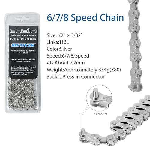 6/7/8 Speed Bike Chain,Suitable for Road Bicycles,Mountain Bike Accessories,Full Silver Plating,116 Links,Compatible with Shimano/SRAM Mountain, Road Bike
