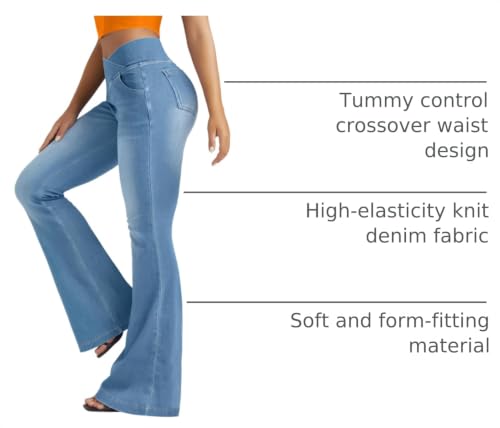 X-Large Light Blue Knit High Waist Bell Bottom Yoga Leggings with Pockets