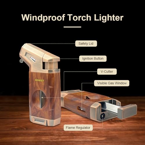 Torch Lighter Built-in V Cutter,Refillable Butane Torch Lighter,Men's Gift,All-in-one Windproof Adjustable Jet Flame for Candle,Camping(Butane Gas Not Include)