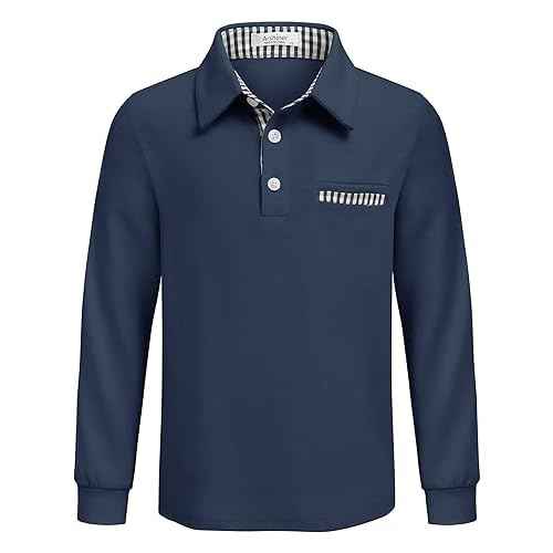 Arshiner Boy's Long Sleeve Plaid Trim Polo Shirt School Uniform Shirt with Pocket for 4-12 Years