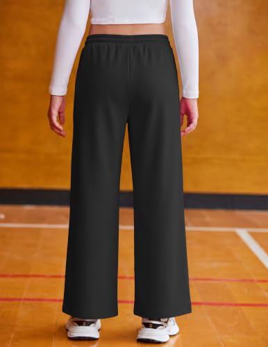 Girls Wide Leg Sweatpants with Pockets - Black, 12-13 Years - Baggy Athletic Pants