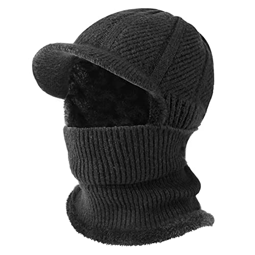 TAGVO Winter Knitted Balaclava Beanie Hat - Warm Cycling Ski Mask, Women Windproof Hood, Heavyweight Thermal Fleece - Medium / Black