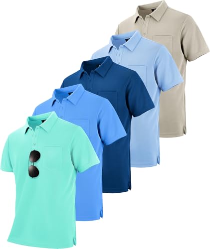 Men's Polo Shirts with Pockets 5 Pack Short Sleeve Athletic Work Uniforms - Apricot, Light Blue, Royal Blue, Light Royal Blue, Emerald Blue - Large