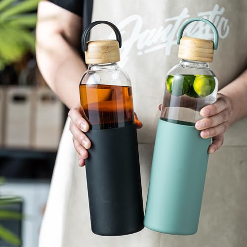 34oz Glass Water Bottle with Silicone Sleeve & Leak-Proof Lid - Green