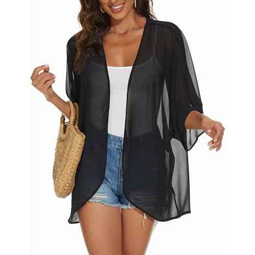Womens Kimono Cardigans Beach Cover ups Swimwear Puff Sleeve Loose Casual Summer Tops