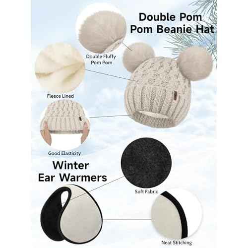 Aneco Winter Beanie Hat Scarf Gloves Ear Warmer Set for Women Fleece Lined Pom Pom Beanie Touchscreen Gloves 4 in 1 Set