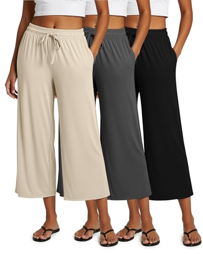 Women's Gaucho Wide Leg Capris Set of 3 - High Waist Loose Crop Pants with Pockets, Large
