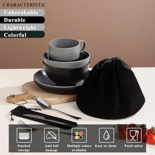 Camping Mess Kit for 2 Persons with Black & Gray Utensils and Tableware