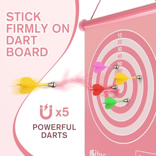 Pink Magnetic Dart Board for Teen Girls - Outdoor Indoor Game with 12 Darts