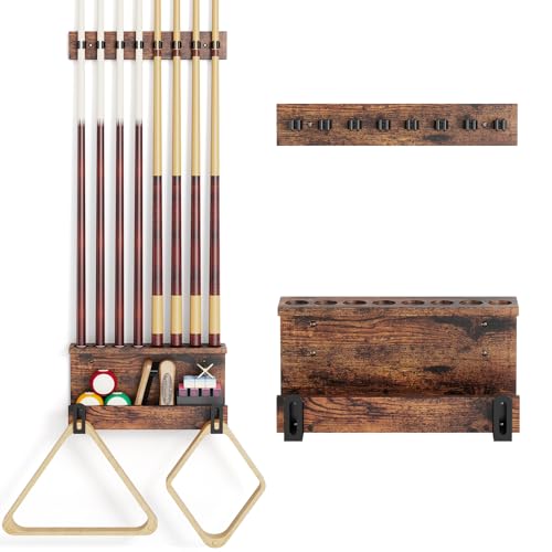 Wall Mount Pool Cue Rack - Farmhouse Brown - Holds 6 Cues, Accessories