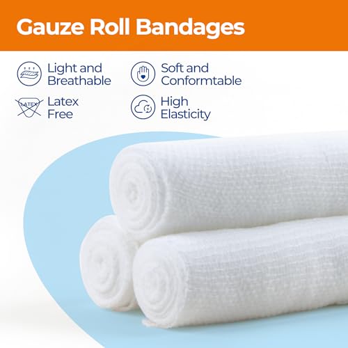 Gauze Rolls Bandages, Conforming Stretch Gauze Bandage 4 Inch, 24 Rolls Individually Wrapped 4" x 4.1yds Includes Medical Tape