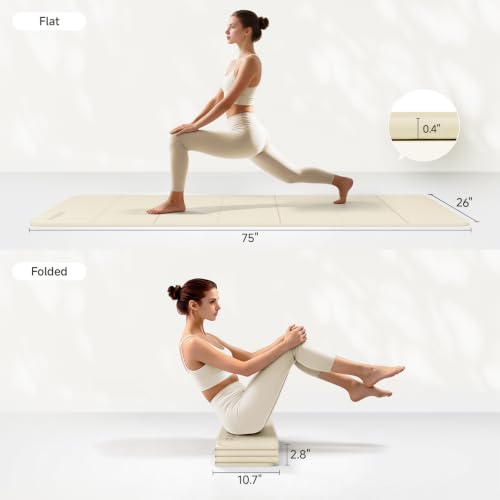 Foldable Yoga Mat 10mm Thick Non-Slip Exercise Mat - Beige 75x26 Inches
