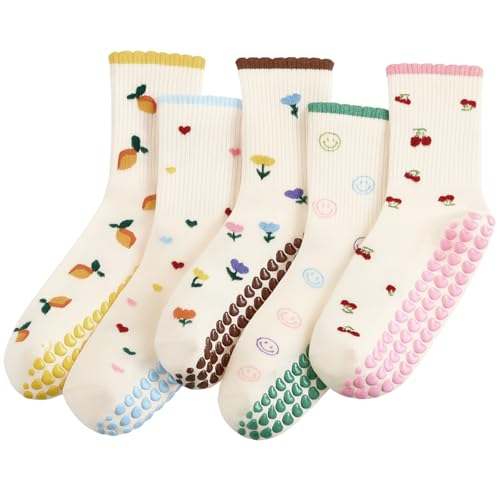 Cute Women Pilates Grippy Socks - 5 Pairs Non-Slip Athletic Socks