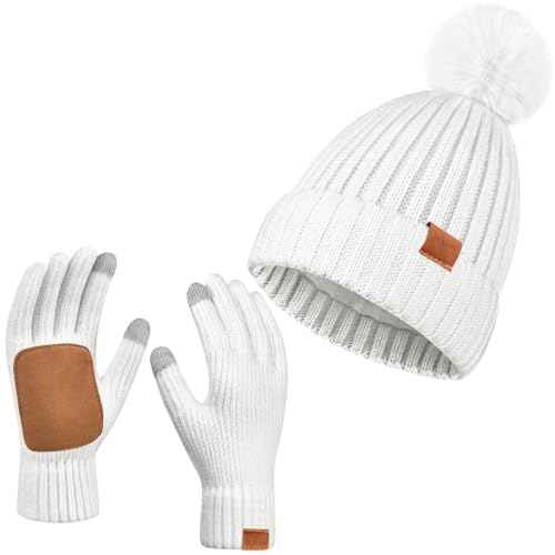 Womens Winter Beanie Hat with Pom and Touchscreen Gloves Set£¬Soft Warm Knit Cap and Gloves with Faux Suede for Cold Weather