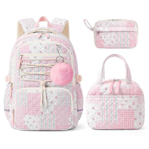 WOBAGMEN Pink Floral Patchwork Girls Backpack Set with Lunch Bag & Pencil Case - Medium, Quilted, 3-Piece School Bag